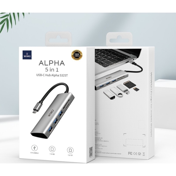 USB ჰაბი Wuwu 532ST Alpha, Type-C, USB, SD, TF, Hub, Gray