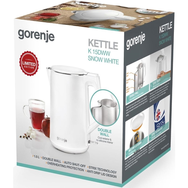 ელექტრო ჩაიდანი Gorenje K15DWW, 2200W, 1.5L, Electric Kettle, White