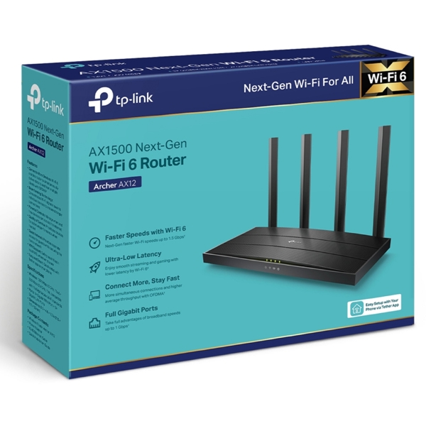 როუტერი Tp-Link Archer AX12 AX1500, 1201Mbps, Router, Black