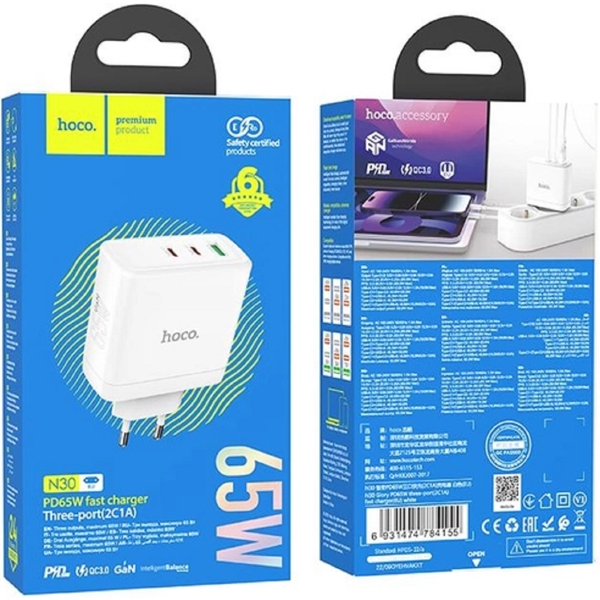 Hoco 6931474784155 N30 Glory, 65W, USB-A, USB-C, White