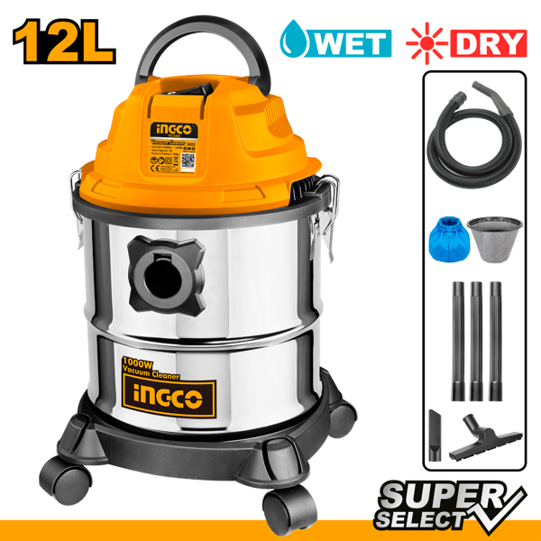  Ingco VC12202, 1000W, 12L, Vacuum Cleaner, Silver/Orange