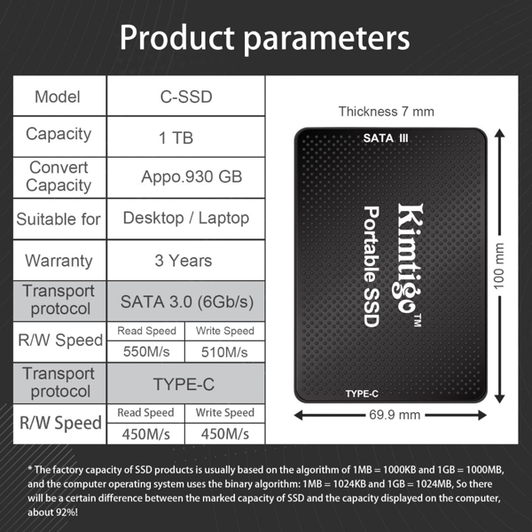 გარე მყარი დისკი Kimtigo KS3AYJTBO4P001TCGD, 1TB, External SSD, Type-C, Black