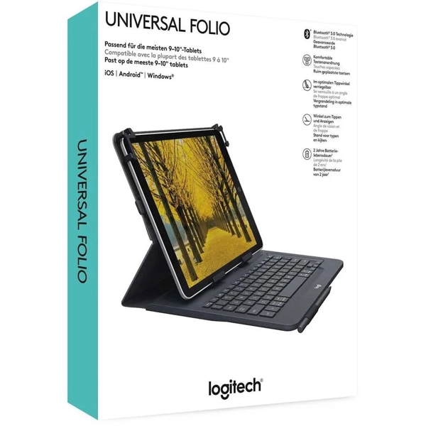 Logitech 920-008342 Universal Folio, 9-10", Tablet Cover+Keyboard, Black