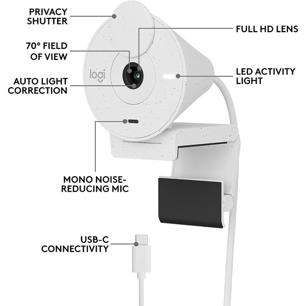 ვებკამერა Logitech 960-001442 Brio 300, 2MP, Built-in Microphone, Webcam, White