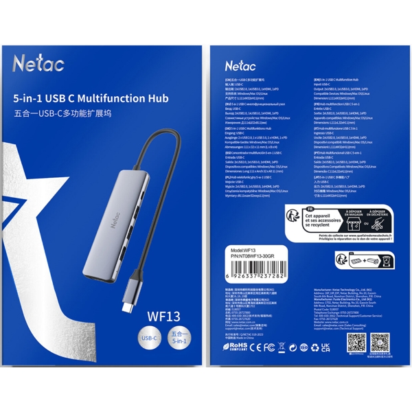 Netac NT08WF13-30GR WF13, USB, USB-C, HDMI, Hub, Gray