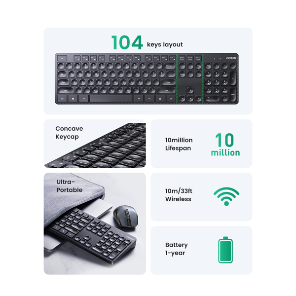 UGREEN KU004 (90250), Wireless, USB, Keyboard, Black