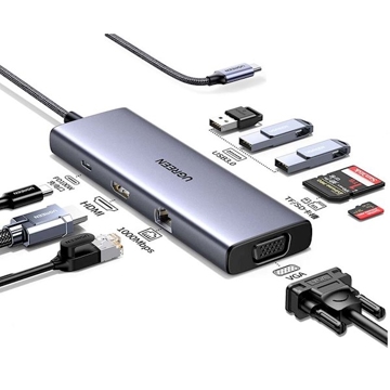 USB-C ჰაბი UGREEN CM498 (15600), Type-C, USB, HDMI, VGA, RJ45, SD, TF, Hub, Gray