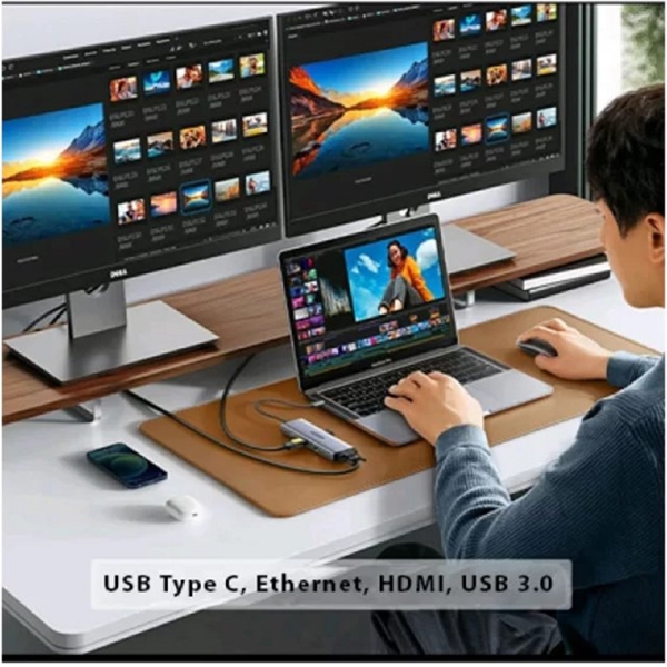 USB ჰაბი UGREEN CM498 (15600), USB-C, USB, HDMI, VGA, RJ45, SD, TF, Hub, Gray