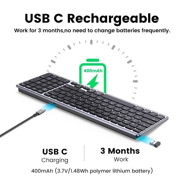 კლავიატურა UGREEN KU005 (15258), Wireless, Rechargeable, Bluetooth, 2.4G, Keyboard, Black/Gray