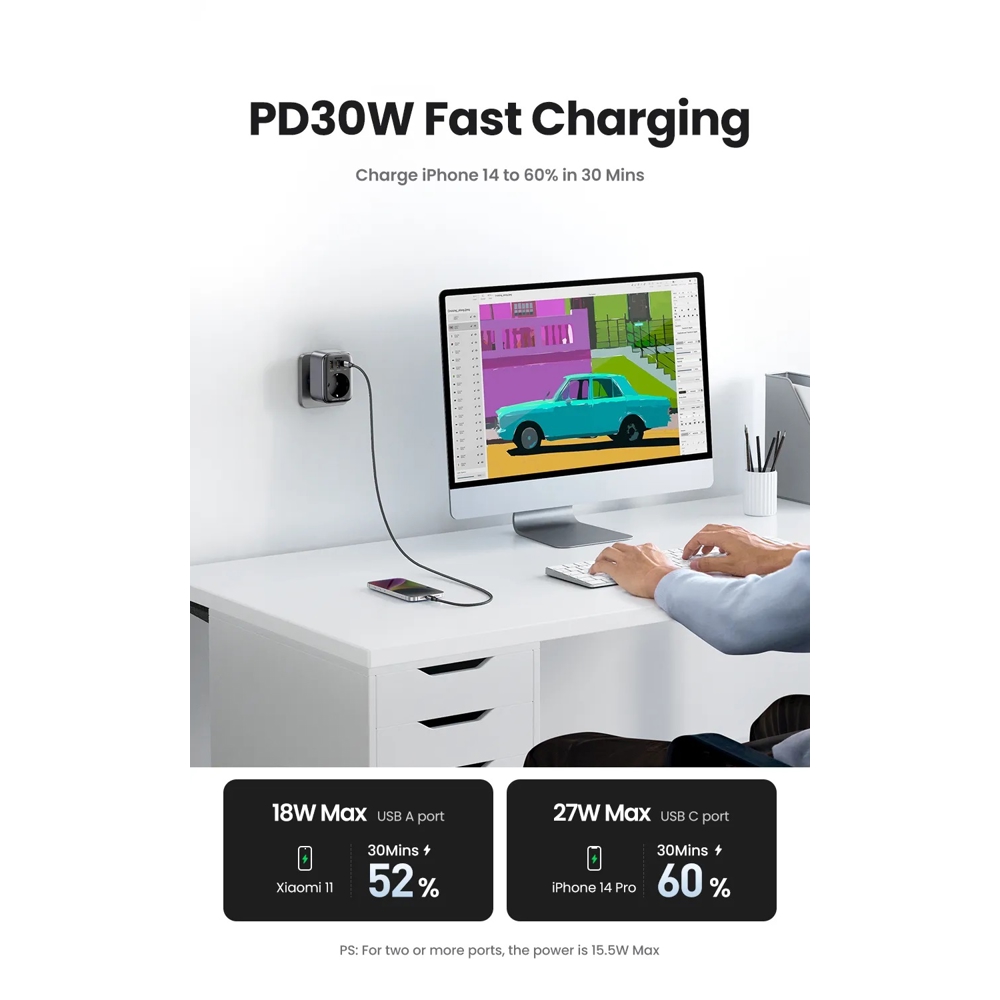 UGREEN CD314 (90613) Nexode, 30W, 1 Socket, USB-A, Type-C, Gray