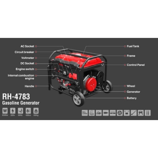 გენერატორი Ronix RH-4783, 6.5KW, Diesel Generator, Black/Red