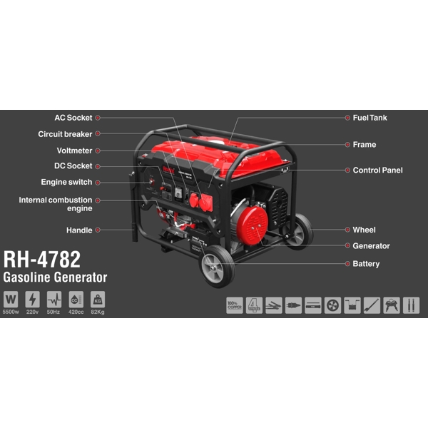 Ronix RH-4782, 5.5KW, Diesel Generator, Black/Red