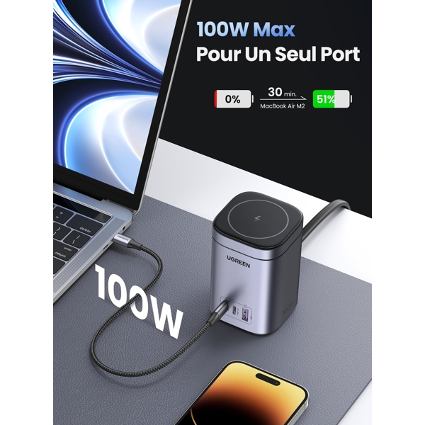 უსადენო დამტენი UGREEN 15076 Nexode, 100W, USB-C, USB, Wireless Charger, Gray