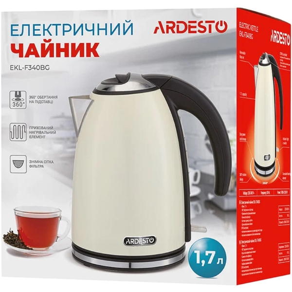 ელექტრო ჩაიდანი Ardesto EKL-F340BG, 2200W, 1.7L, Electric Kettle, Black/Cream