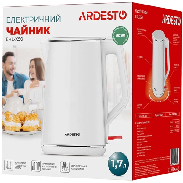 ელექტრო ჩაიდანი Ardesto EKL-X50, 2200W, 1.7L, Electric Kettle, White