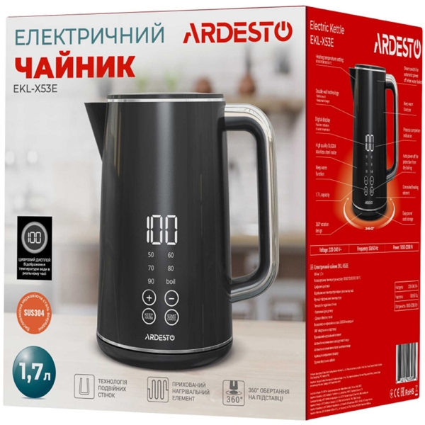 ელექტრო ჩაიდანი Ardesto EKL-X53E, 2200W, 1.7L, Electric Kettle, Black