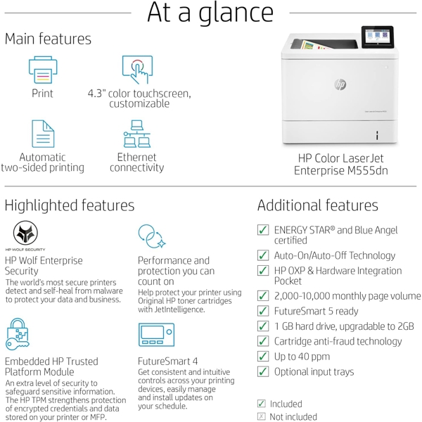 პრინტერი HP 7ZU78A LaserJet M555dn, A4, USB, Ethernet, White