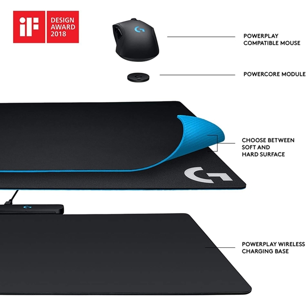 მაუსის პადი+უსადენო დამტენი Logitech 943-000110 POWERPLAY, Wireless Charging Mouse Pad, M, Black