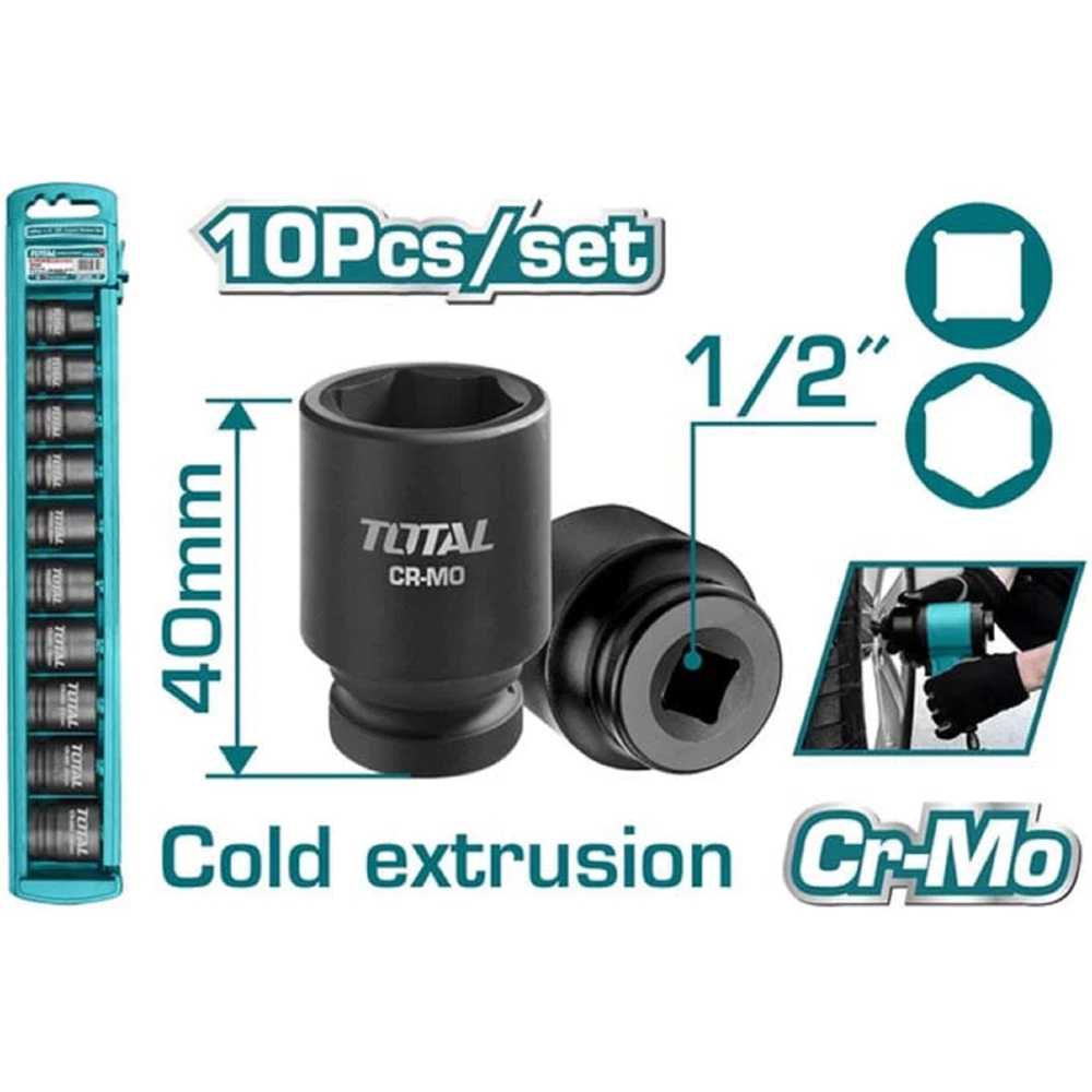 Total THISTD12101, 10 Pcs Impact Socket Set, Black
