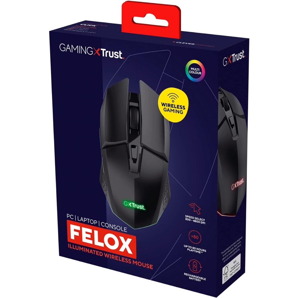 მაუსი Trust GXT110 Felox, Wireless, USB, Gaming Mouse, Black
