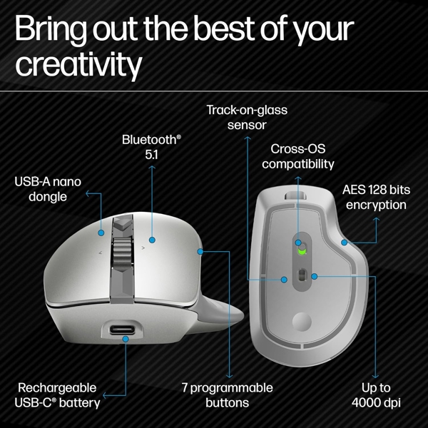 HP 1D0K9AA 930 Creator, Wireless, USB, Bluetooth, Mouse, Silver