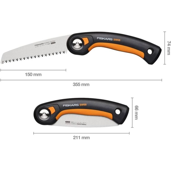 ბაღის დასაკეცი ხერხი Fiskars 1067552 SW68, Folding Garden Saw, Black/Orange