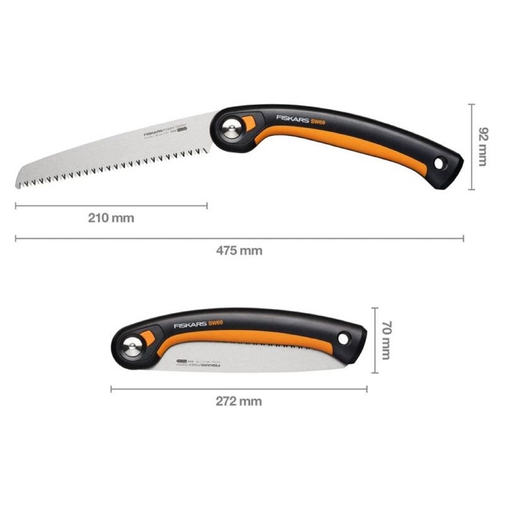 ბაღის დასაკეცი ხერხი Fiskars 1067553 SW69, Folding Garden Saw, Black/Orange