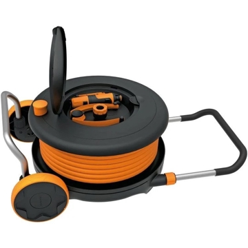 კოჭა სარწყავი მილით Fiskars 1023644, 30M, Reel With Hose And Accessories, Black/Orange