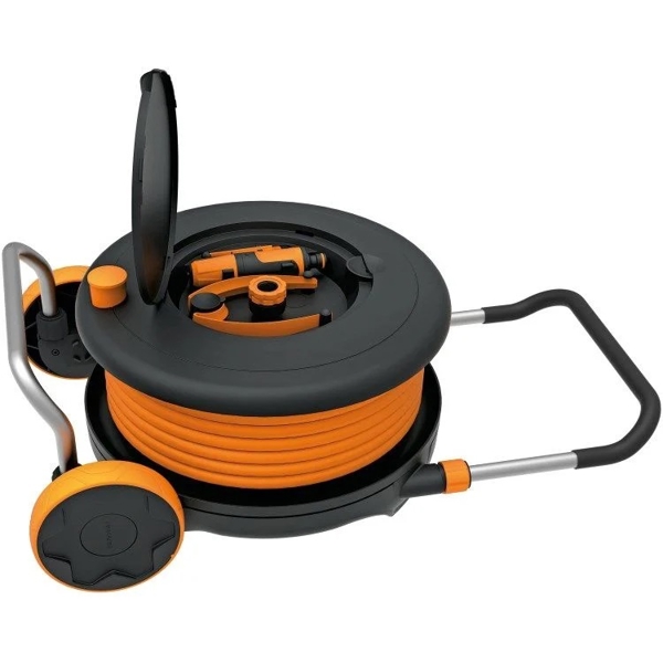 კოჭა სარწყავი მილით Fiskars 1023644, 30M, Reel With Hose And Accessories, Black/Orange