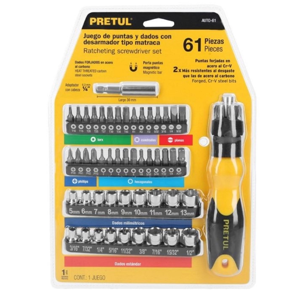 ხელსაწყოების ნაკრები Pretul AUTO-61, 61Pcs, Tools Set, Black/Yellow