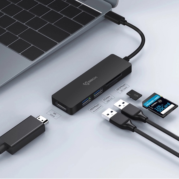 USB ჰაბი Sbox TCA-51, HDMI, USB-C, USB Hub, Black