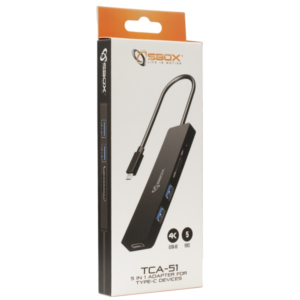 USB ჰაბი Sbox TCA-51, HDMI, USB-C, USB Hub, Black