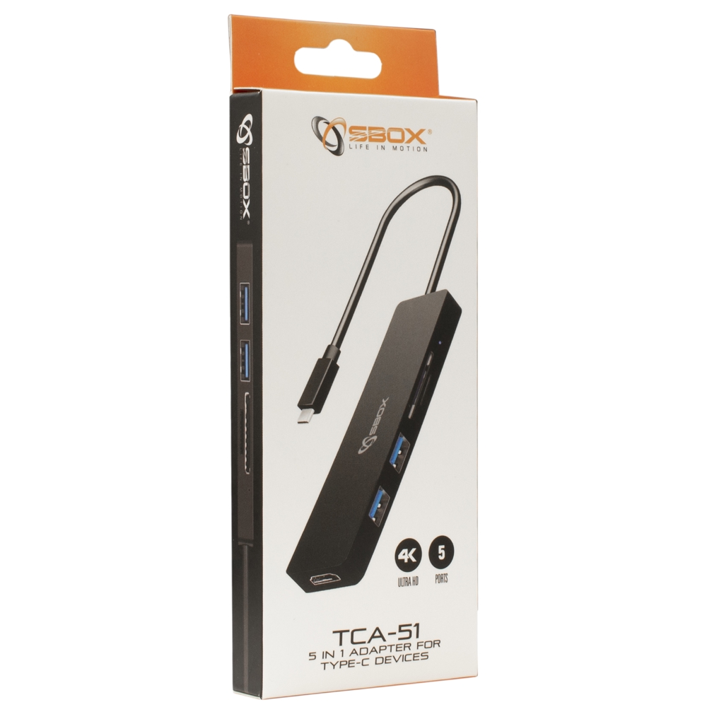 USB ჰაბი Sbox TCA-51, HDMI, Type-C, USB Hub, Black