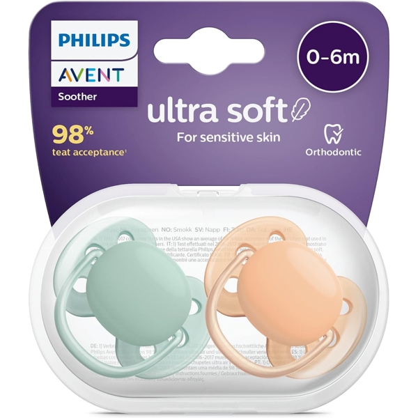 Philips Avent SCF091/03, 0-6m, 2Pcs, Ultrasoft Soother, Green/Orange