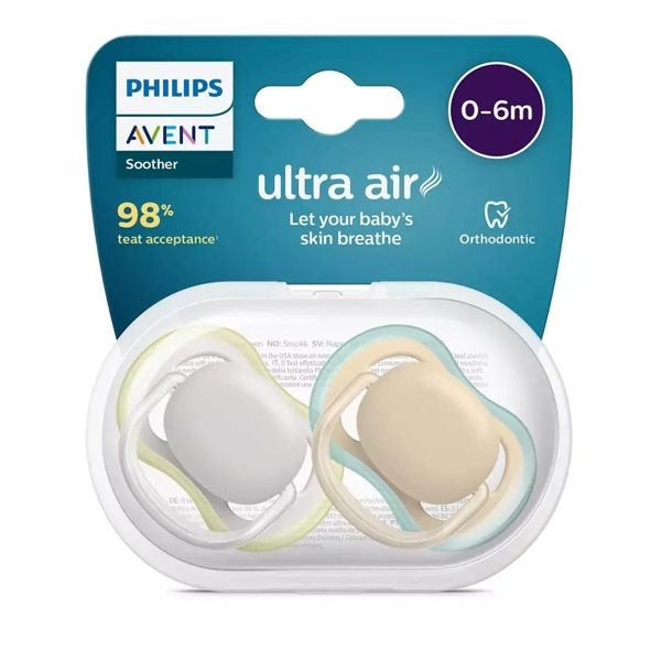 საწოვარა Philips Avent SCF085/15, 0-6m, 2Pcs, Ultra Air Soother, Grey/Cream