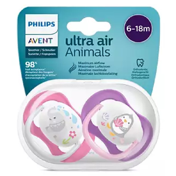 საწოვარა Philips Avent SCF080/08, 6-18m, 2Pcs, Air Soother, Pink/Purple