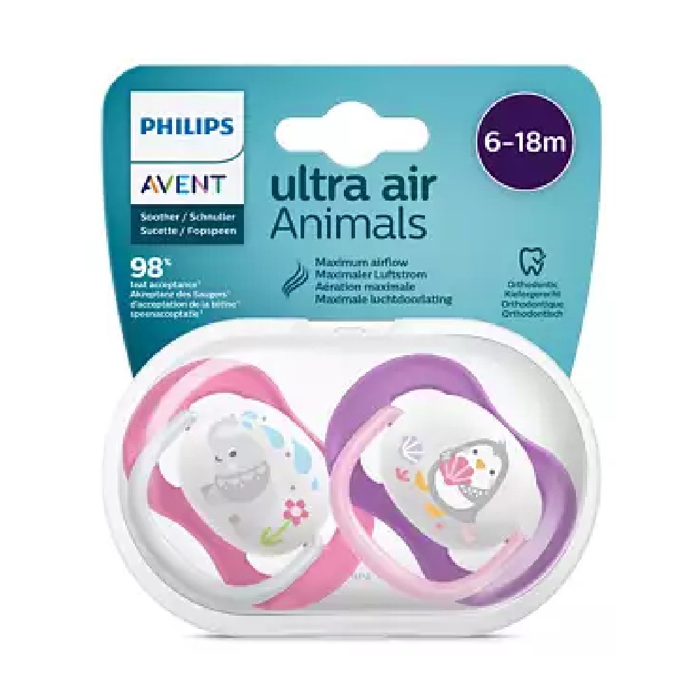 საწოვარა Philips Avent SCF080/08, 6-18m, 2Pcs, Air Soother, Pink/Purple