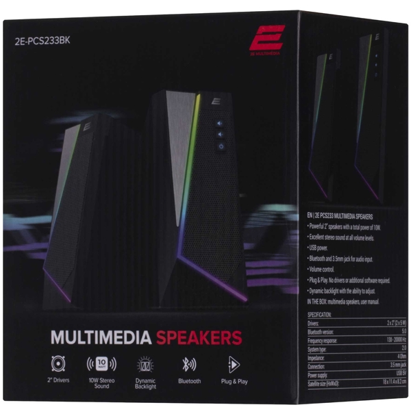 დინამიკი 2E 2E-PCS233BK, 10W, USB, 3.5mm, Speaker, Black