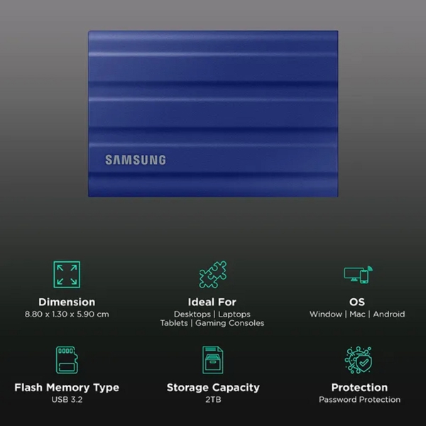 Samsung MU-PE2T0R/WW, 2TB, External SSD, 2.5", USB 3.2, Blue