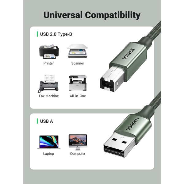 პრინტერის კაბელი UGREEN 90817, USB-A To USB-B, Printer Cable, 3m, Green