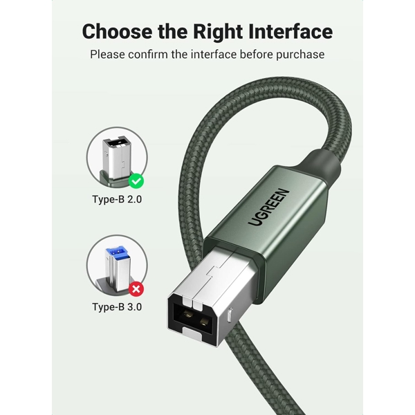 პრინტერის კაბელი UGREEN 90817, USB-A To USB-B, Printer Cable, 3m, Green