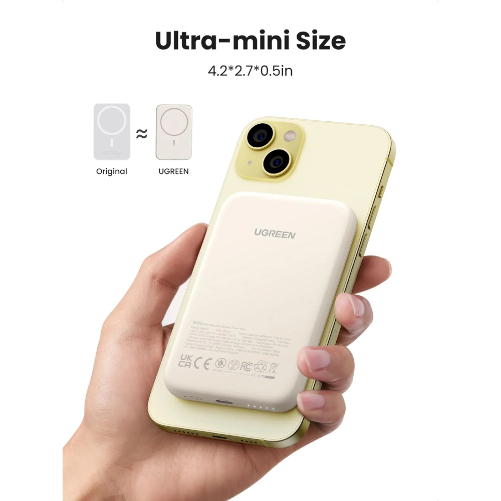 პორტატული დამტენი UGREEN PB561 (25207), 5000mAh, Type-C, Magnetic Power Bank, Beige