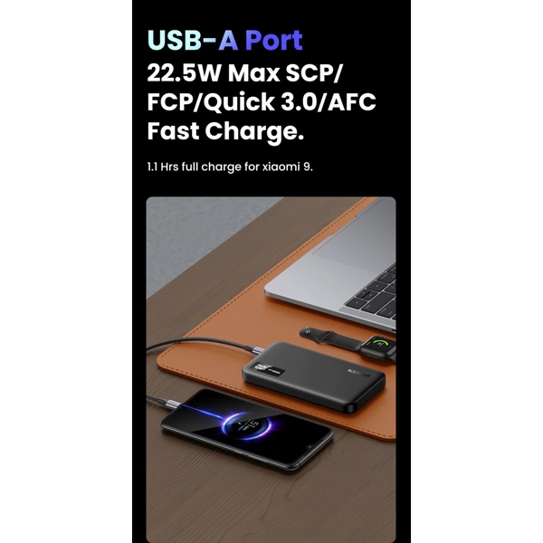 პორტატული დამტენი UGREEN 25742, 1000mAh, USB-C, USB, Two-way Power Bank, Black