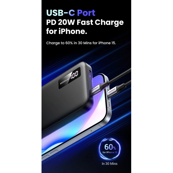 პორტატული დამტენი UGREEN 25742, 1000mAh, USB-C, USB, Two-way Power Bank, Black