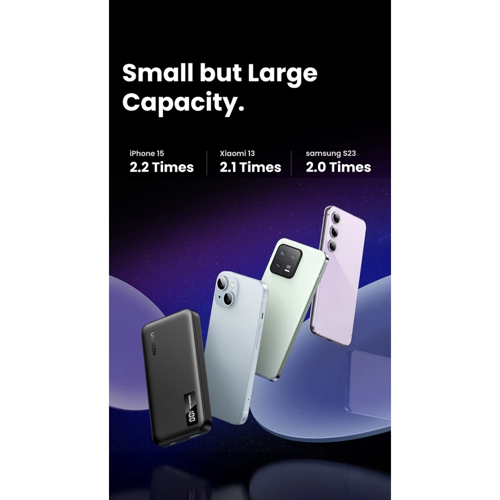 პორტატული დამტენი UGREEN PB311 (25742), 10000mAh 20W, Type-C, USB, Two-way Power Bank, Black