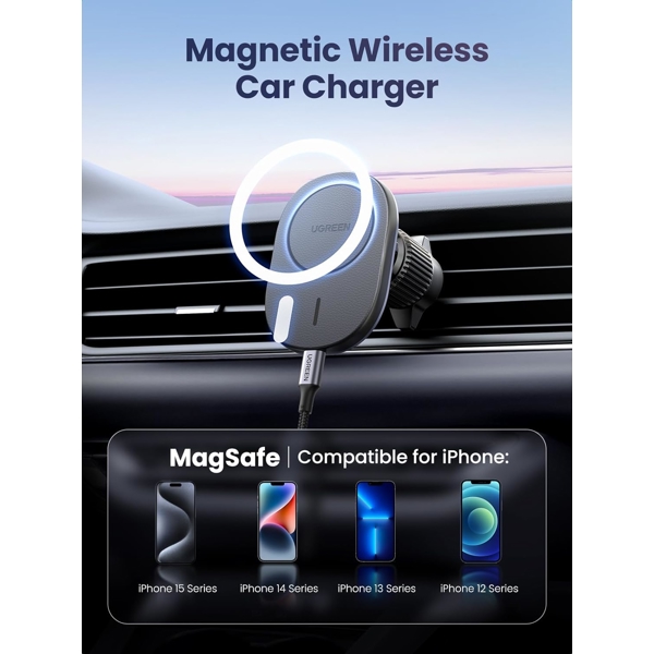 უსადენო დამტენი + დამჭერი UGREEN CD345 (15120), 15W, Magnetic Car Wireless Charger MagSafe, Black