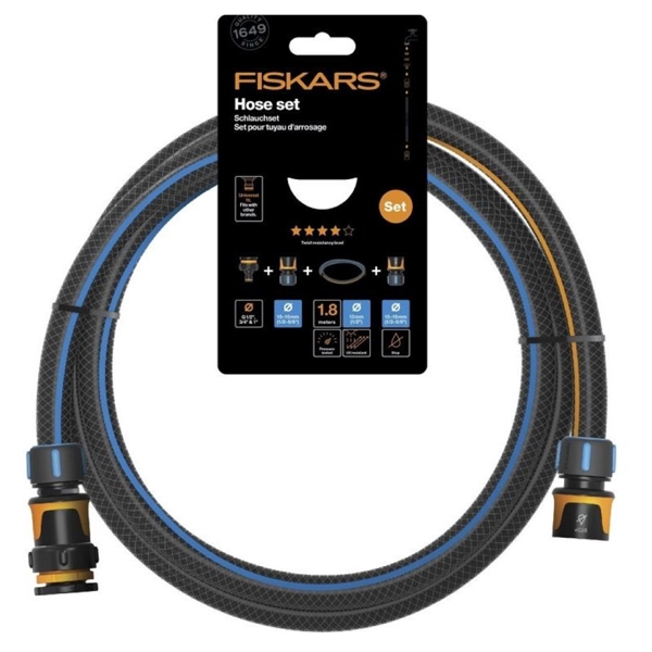 სარწყავი მილი და კონექტორები Fiskars 1057621 Q4 1/2", 1.8m, Set Of Hose And Connectors, Black