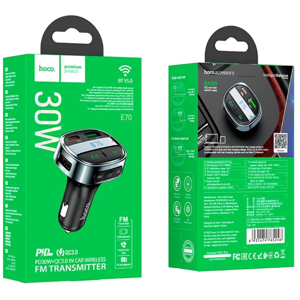 Hoco E70, 30W, Bluetooth, USB Type-C, USB, Black