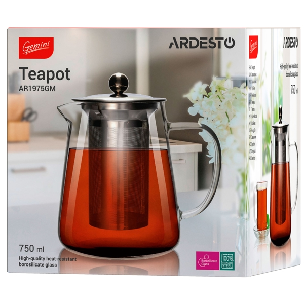 ჩაის ჩაიდანი Ardesto AR1975GM Gemini Milano, 750ML, Tea Pot, Transparent