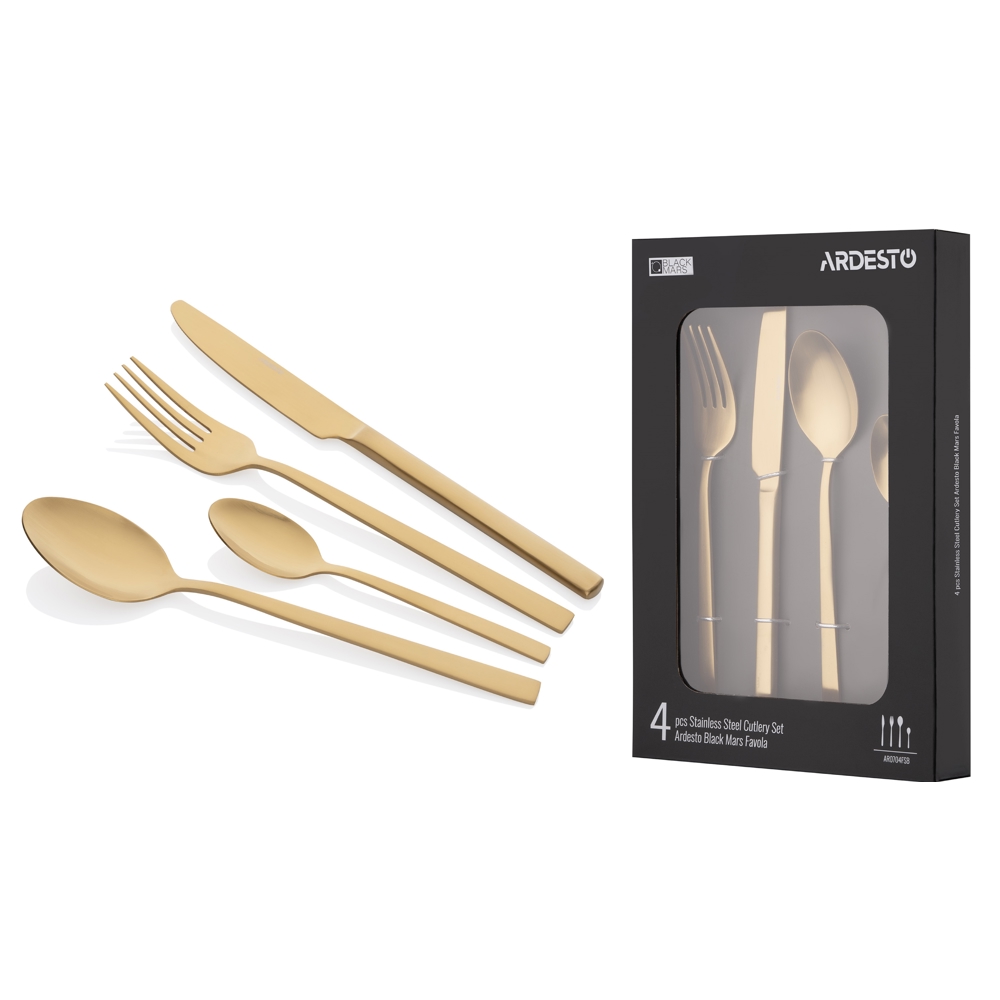დანა-ჩანგლის ნაკრები Ardesto AR0704FSG Black Mars Favola, 4Pcs, Tableware Set, Gold